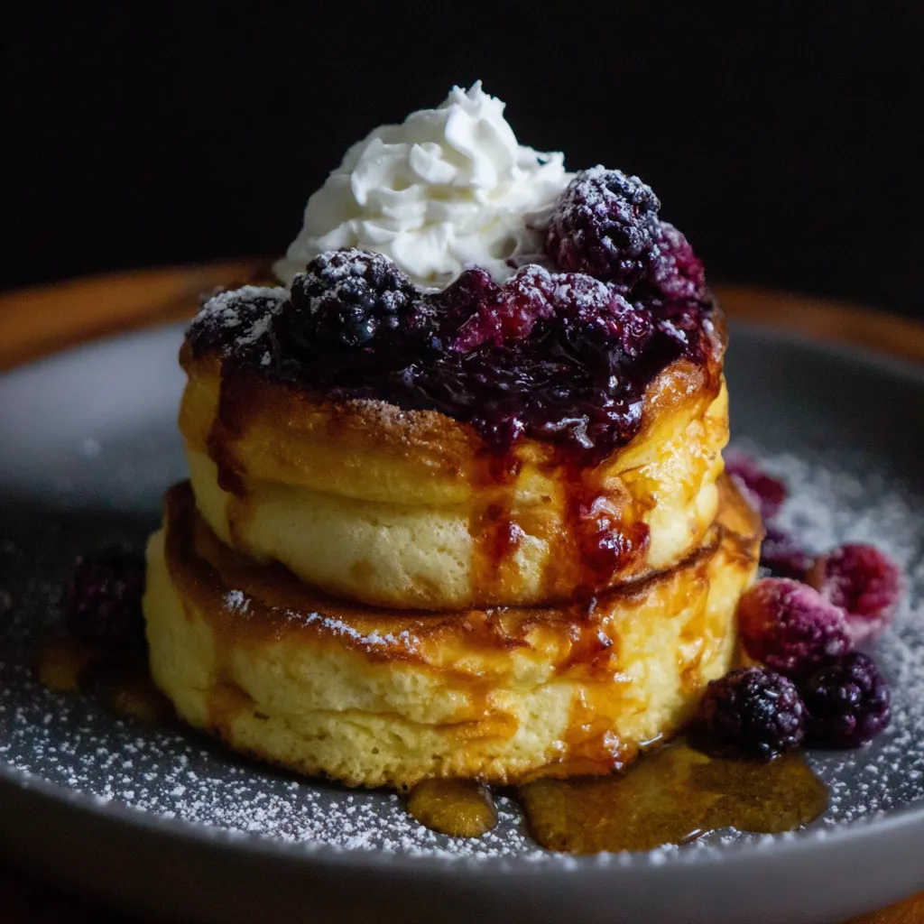 A stack of fluffy Japanese souffle pancakes.