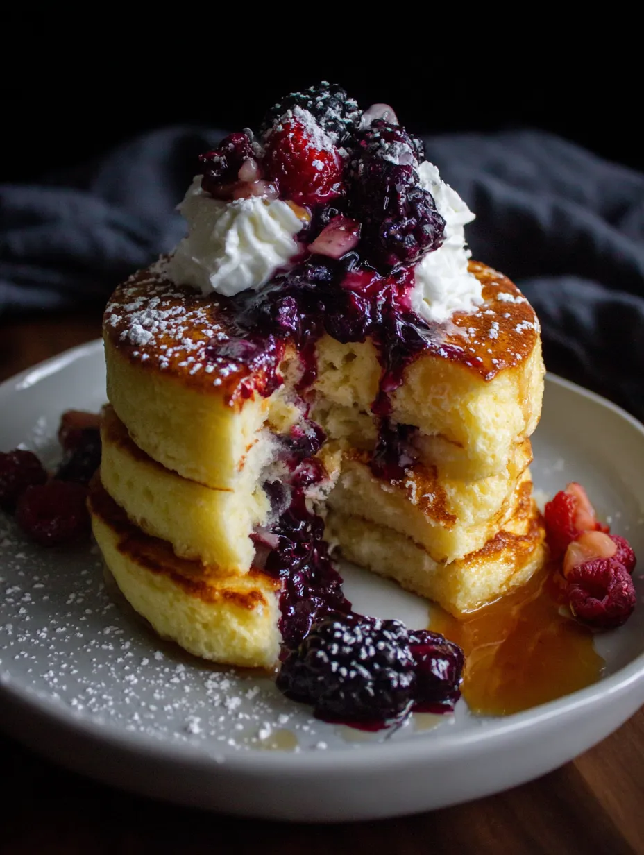 A stack of fluffy Japanese souffle pancakes.