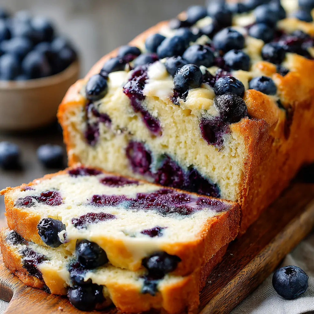 A slice of blueberry cream cheese bread.