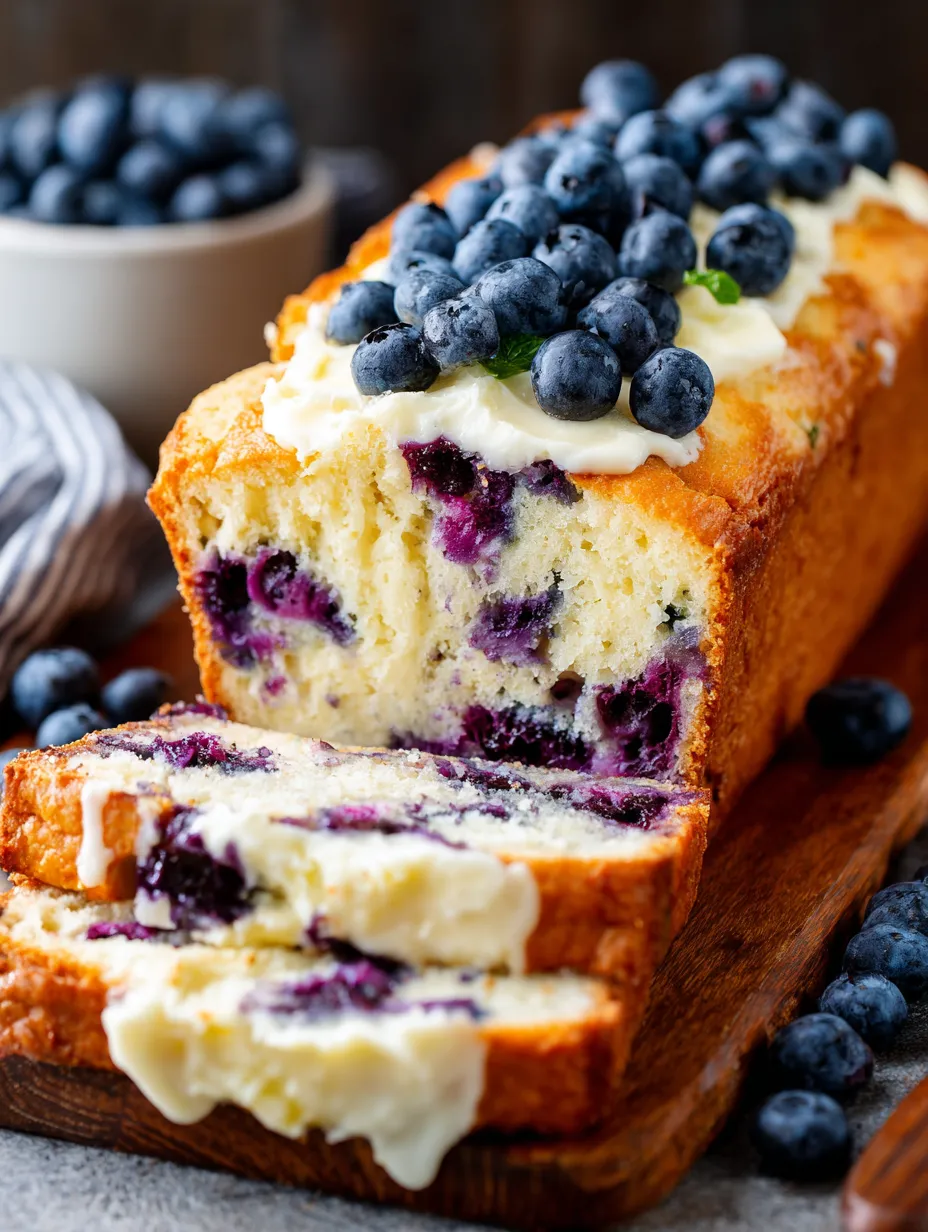 A slice of blueberry cream cheese bread.
