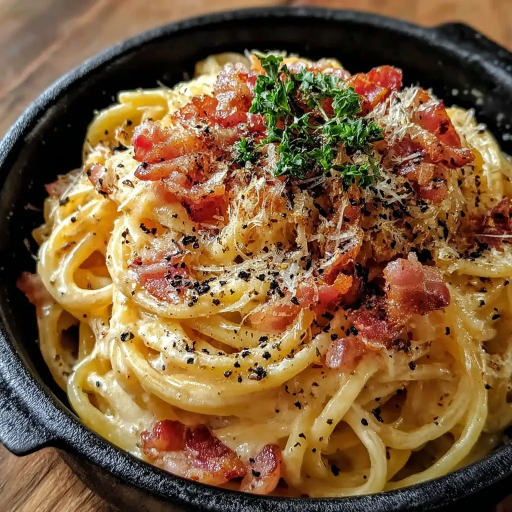 A bowl of pasta with bacon and cheese.