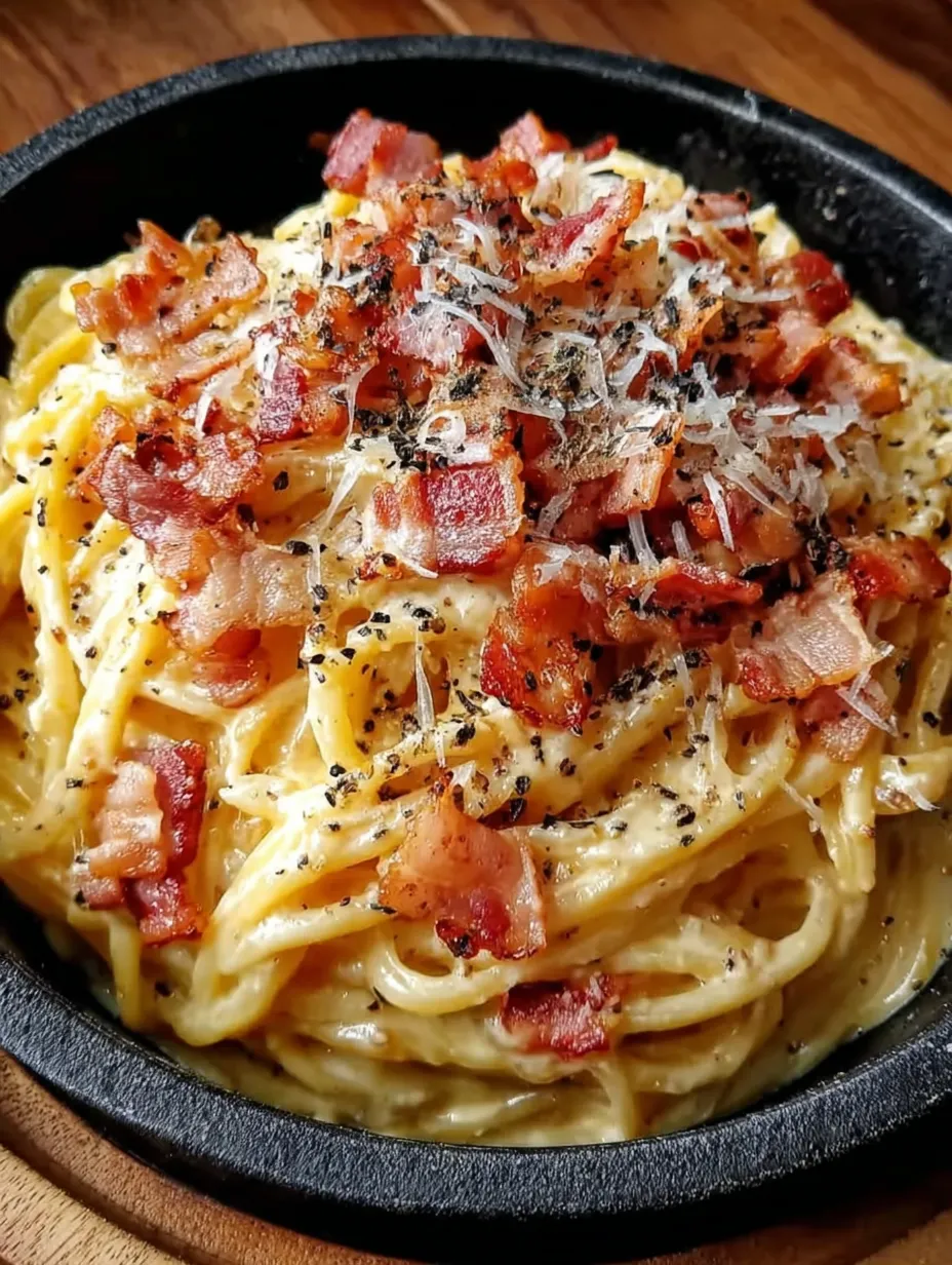 A bowl of pasta with bacon and cheese.