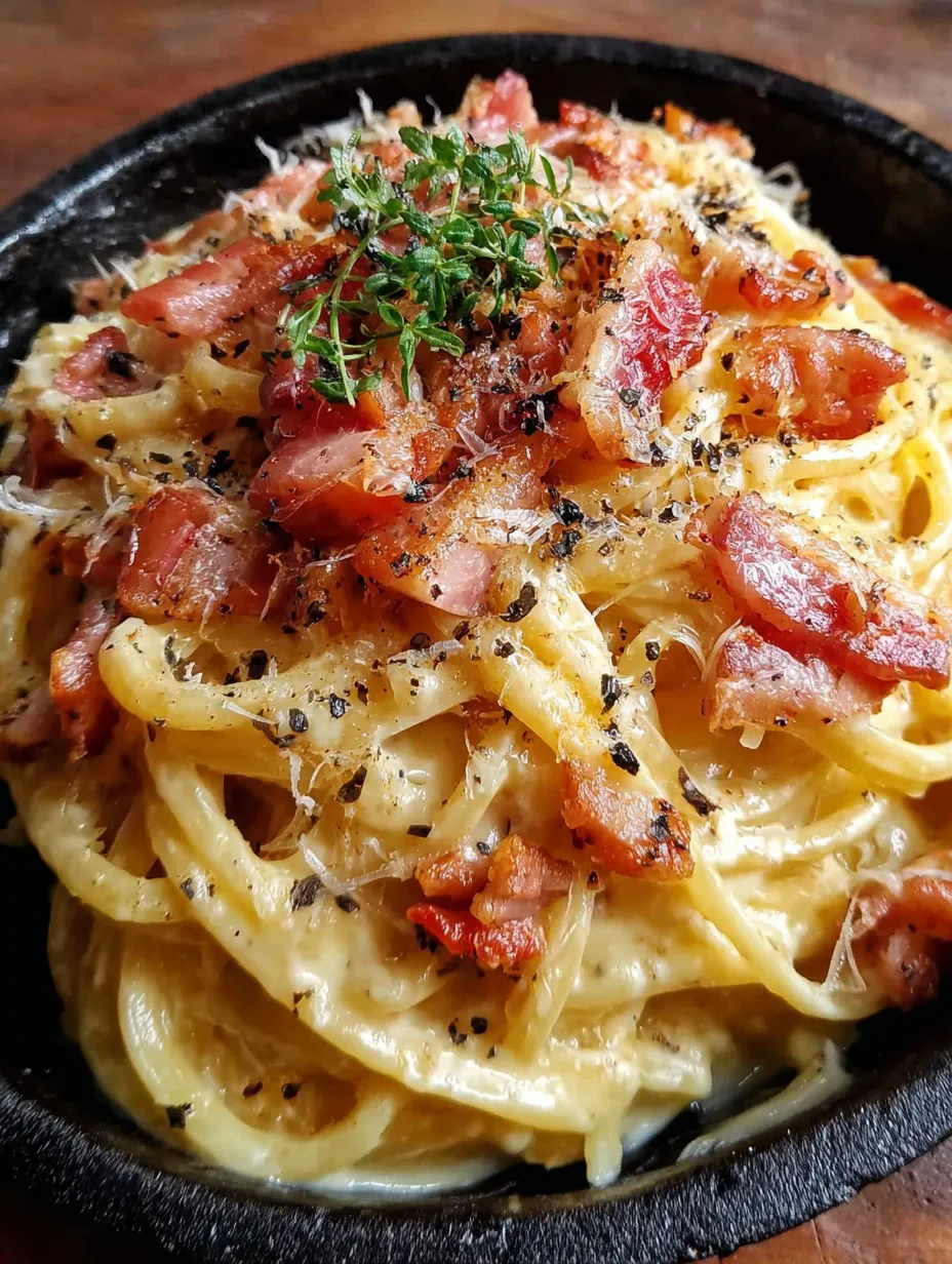 A dish of pasta with bacon and cheese.