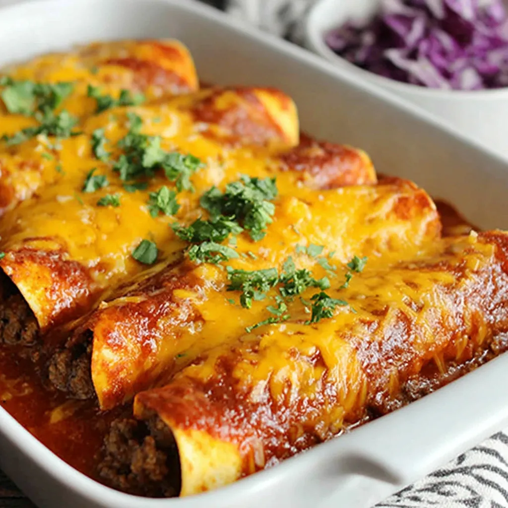 A white bowl filled with beef enchiladas.