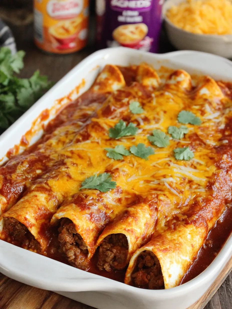 A dish of beef enchiladas with cheese and green onions.