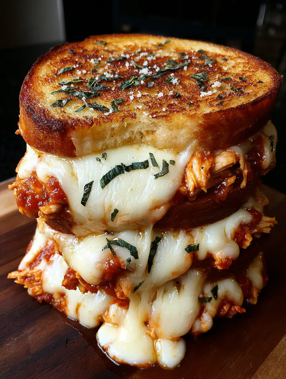 A stack of grilled cheese sandwiches with chicken and tomato sauce.