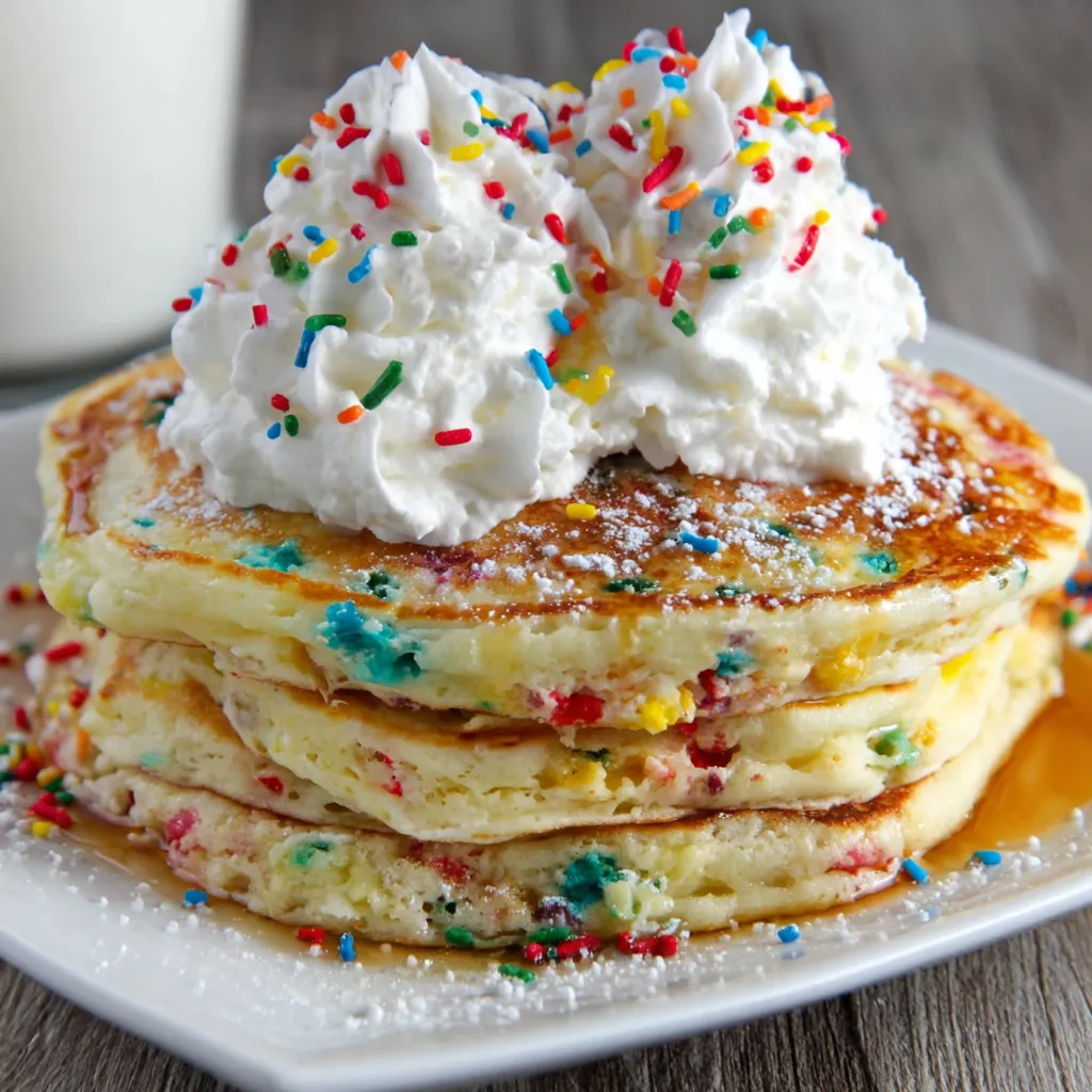 A stack of pancakes with whipped cream and sprinkles on top.