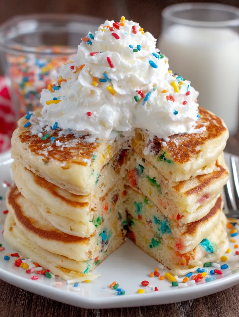 A stack of pancakes with white icing and colorful sprinkles.