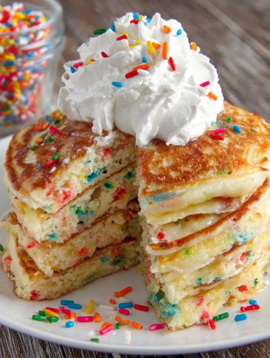 A stack of pancakes with white whipped cream on top.