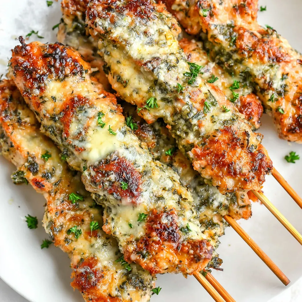 Garlic Parmesan Chicken Skewers on a white plate.