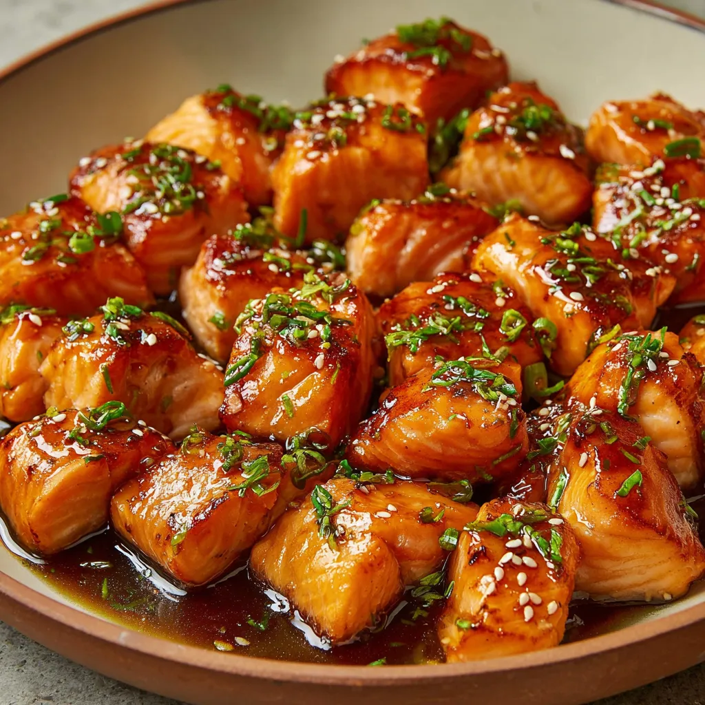 A plate of salmon bites with honey and garlic sauce.