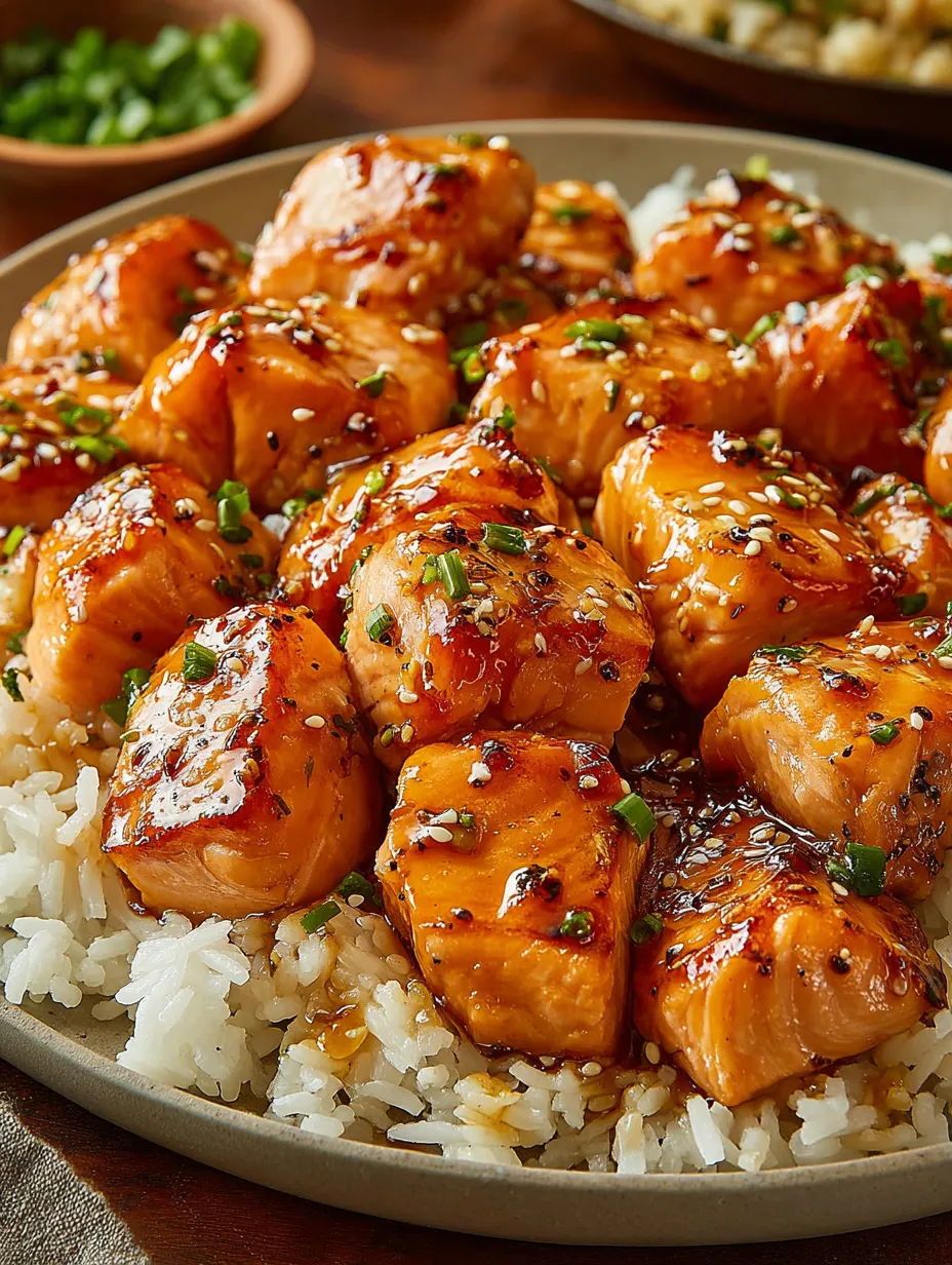 A plate of sweet and savory honey garlic salmon bites.