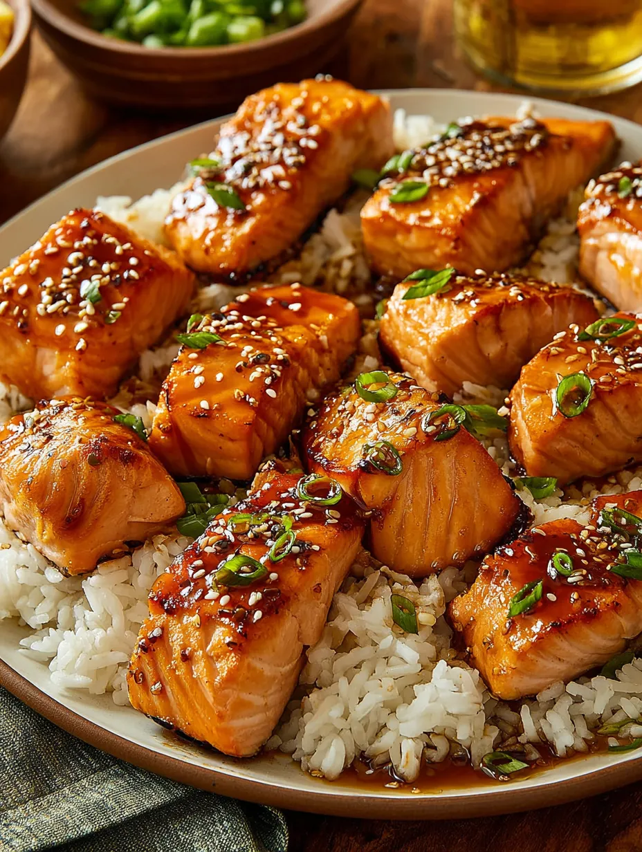 A plate of salmon with rice and seasoning.