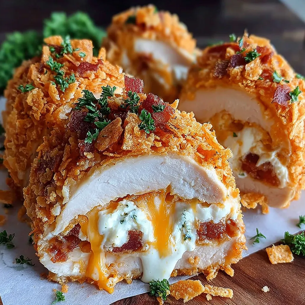 A cream cheese and bacon stuffed Doritos chicken.