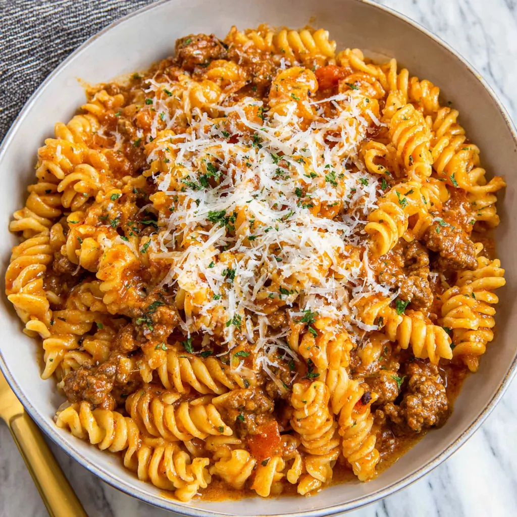A bowl of pasta with meat and cheese.