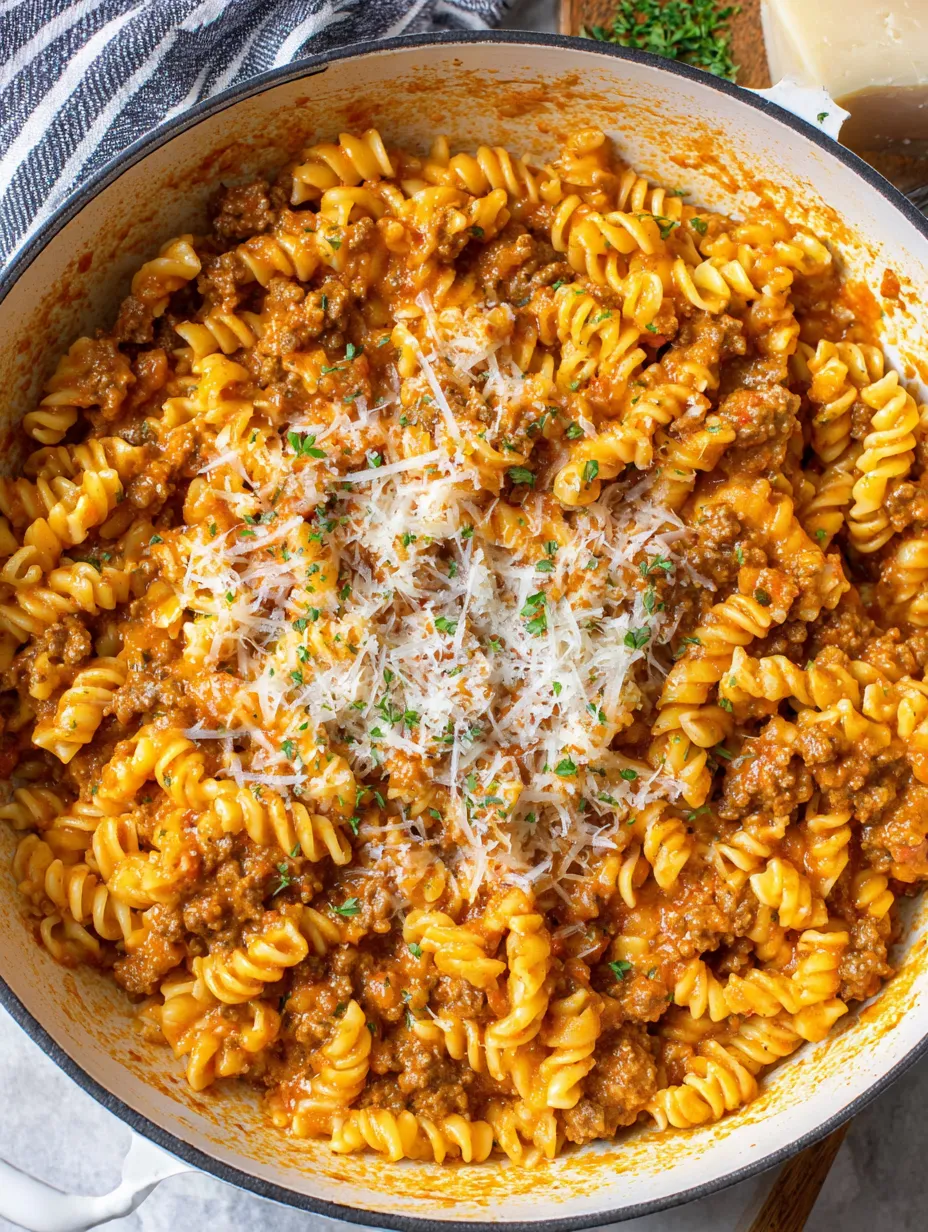 A bowl of pasta with meat and cheese.