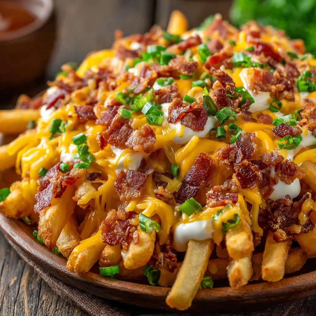 A bowl of bacon cheese fries.