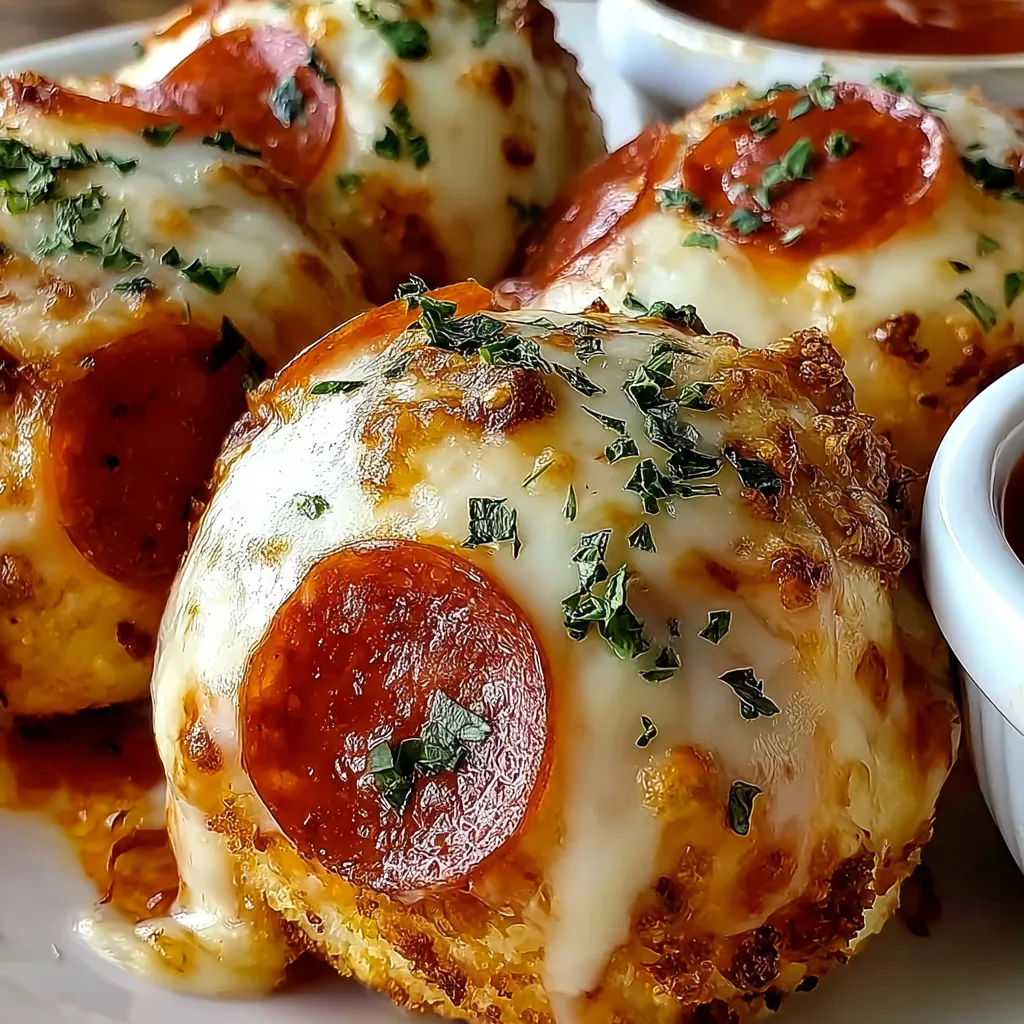 Cheesy pepperoni pizza bombs on a plate.