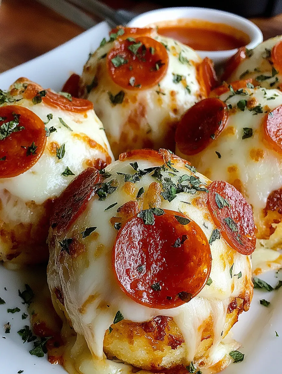 Cheesy pepperoni pizza bombs on a plate.