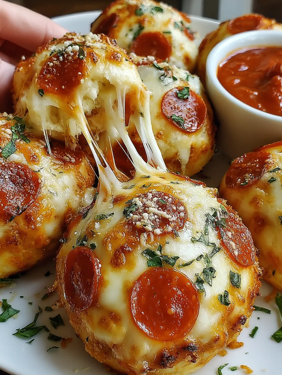 Cheesy pepperoni pizza bombs with marinara sauce.