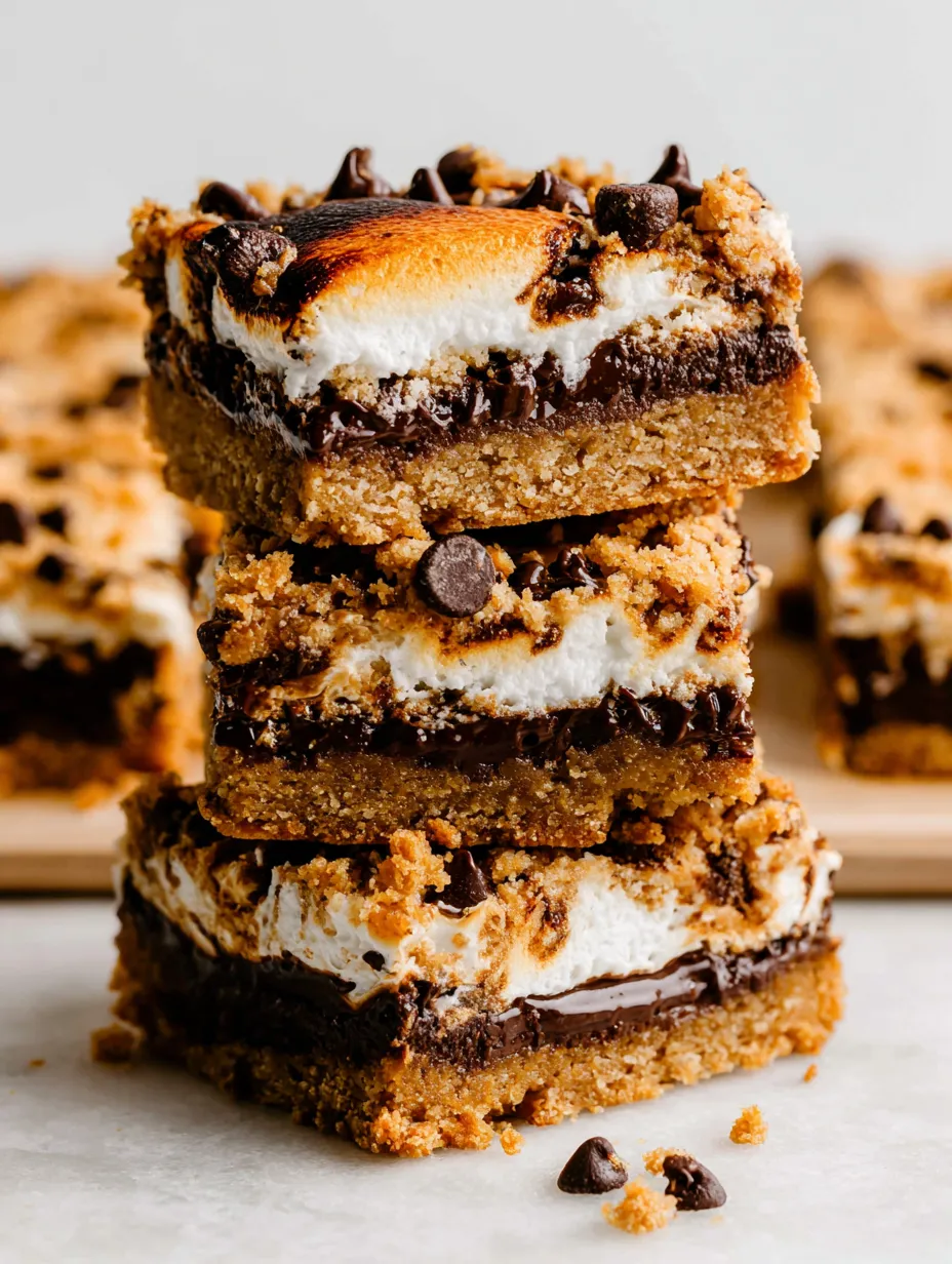 S'mores cookie bars stacked on a wooden board.