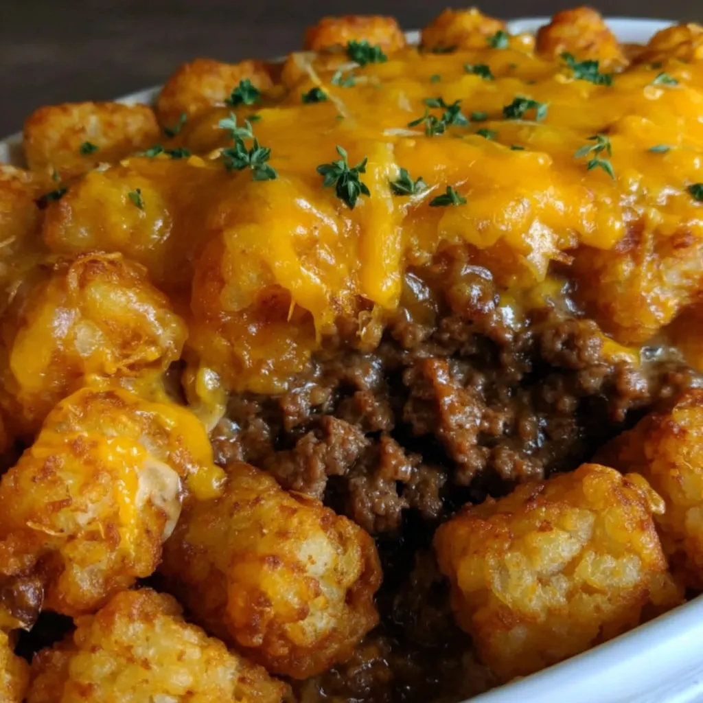 A close up of a tater tot casserole with ground beef.