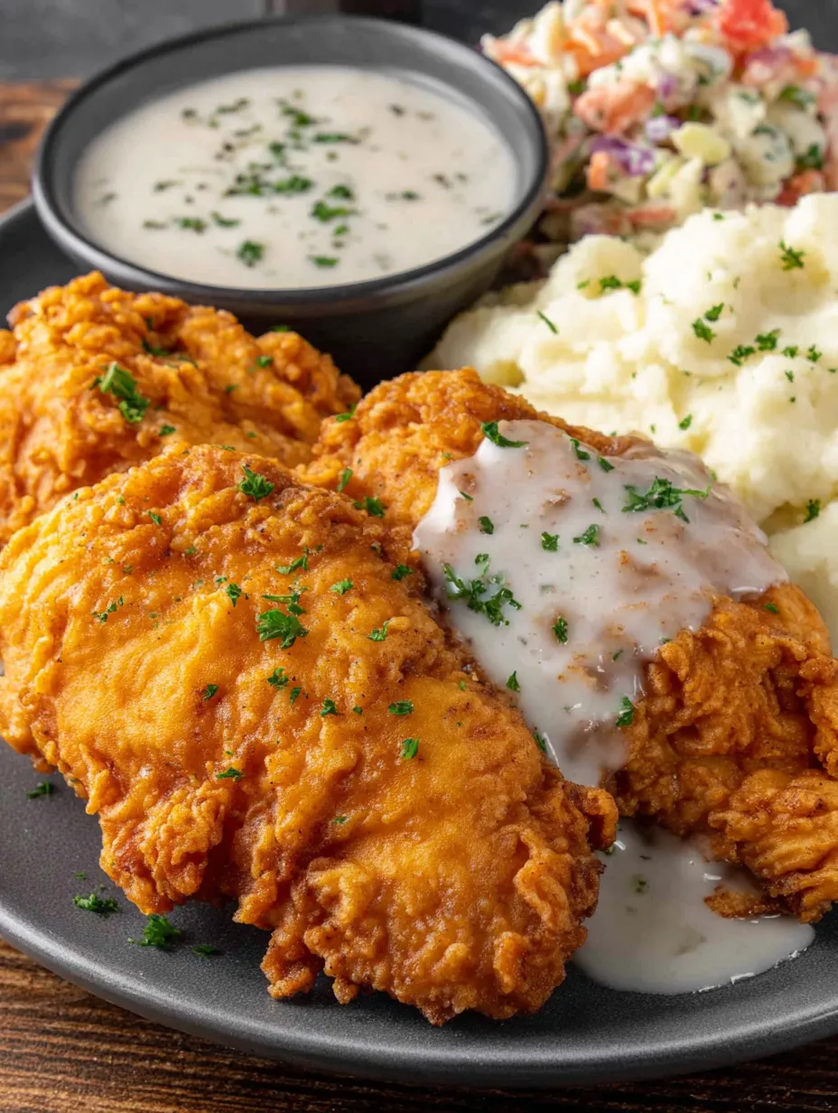 A plate of chicken fried chicken with gravy and mashed potatoes.