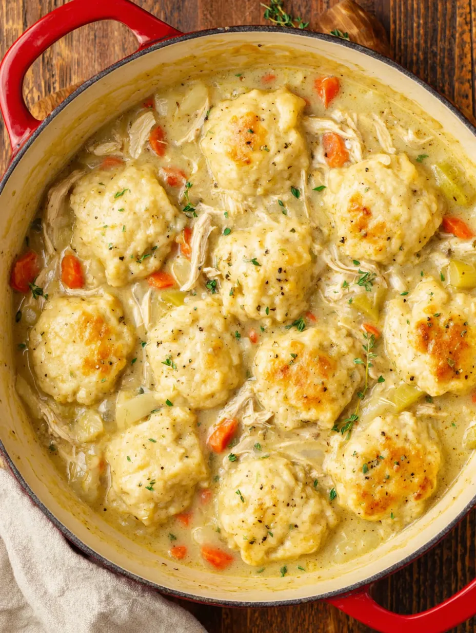 A bowl of chicken and dumplings.