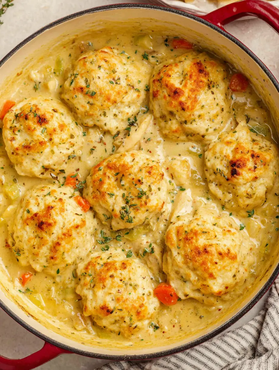 A bowl of chicken and dumplings.
