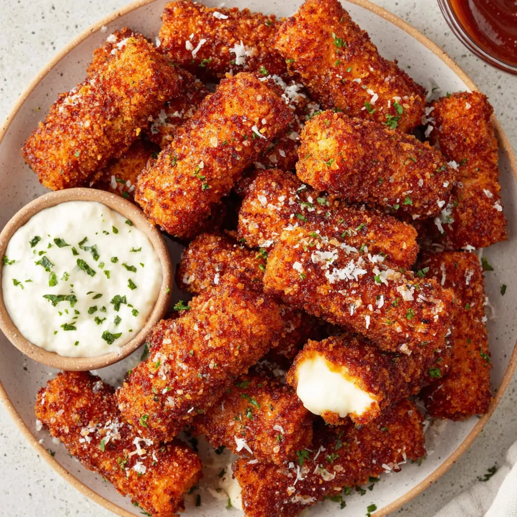 A plate of crispy and spicy Nashville hot mozzarella sticks.