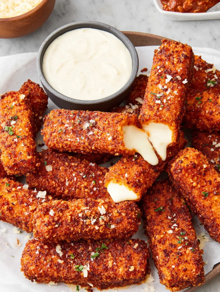 Crispy and Spicy Nashville Hot Mozzarella Sticks.