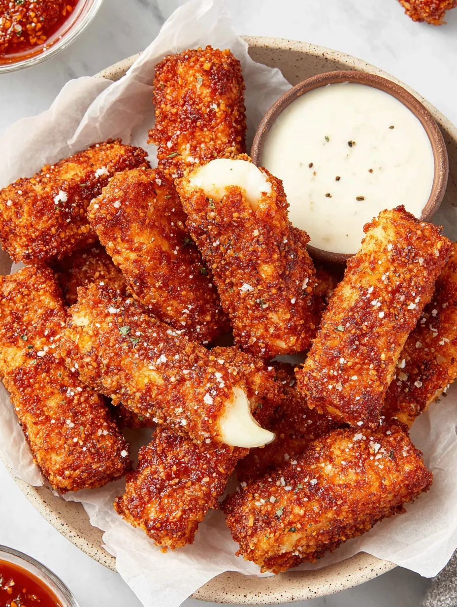 A plate of crispy and spicy Nashville hot mozzarella sticks.