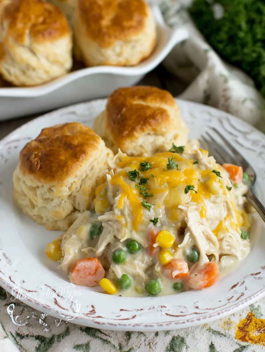 A plate of chicken pot pie with biscuits.