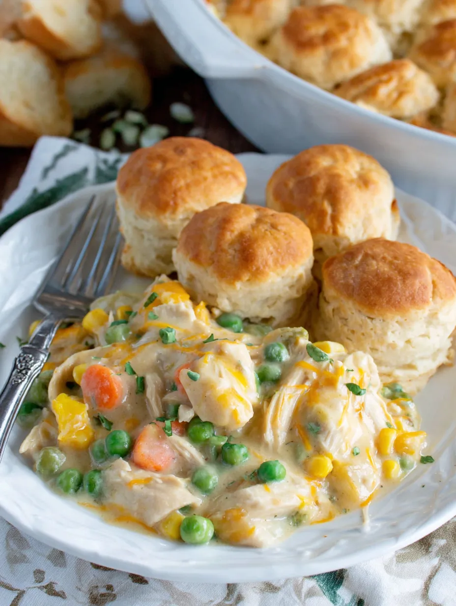 A plate of chicken pot pie with biscuits.