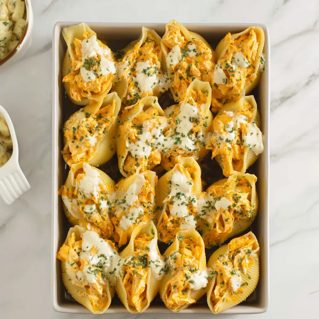 A dish of Buffalo Chicken Stuffed Shells.
