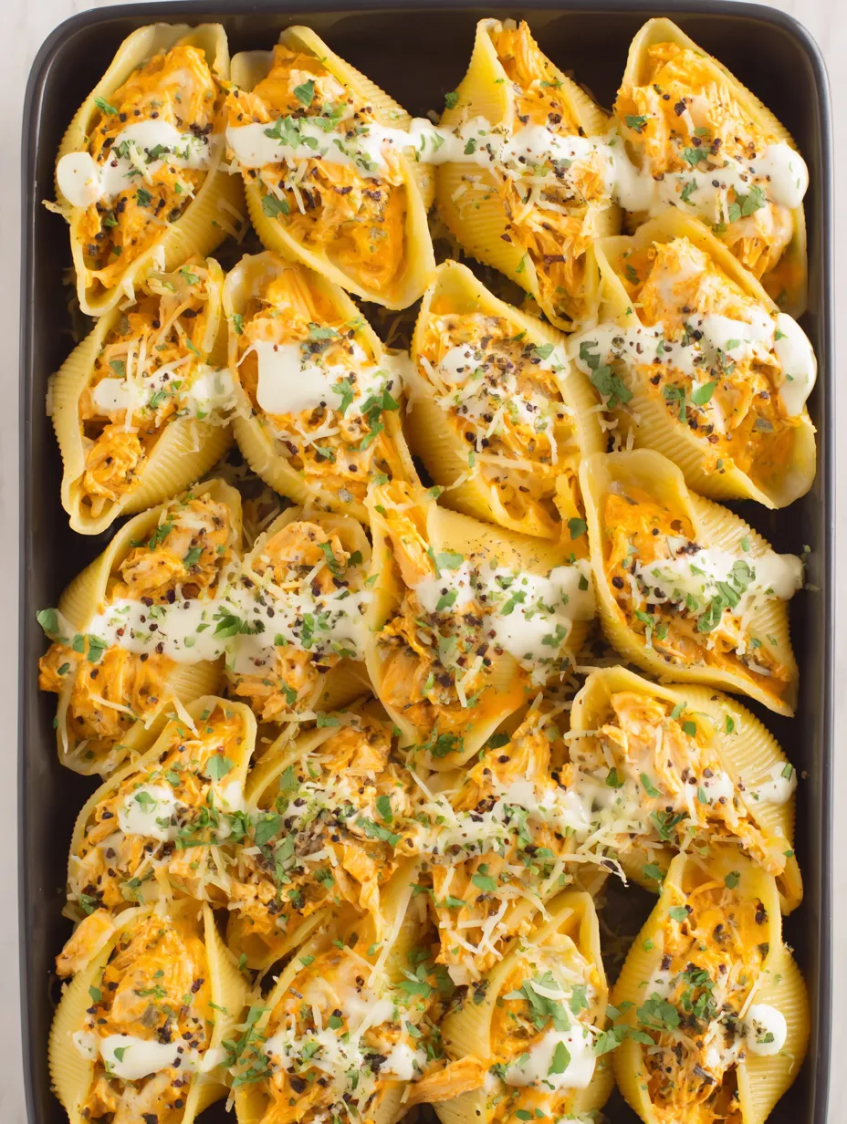A pan of buffalo chicken stuffed shells.