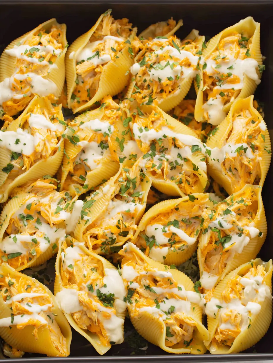 Buffalo chicken stuffed shells with white sauce.