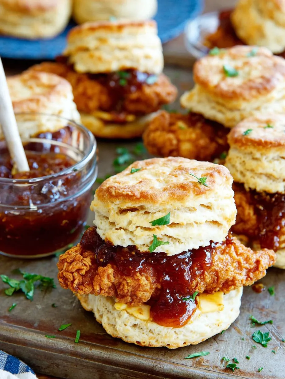 A plate of biscuits with chicken and honey.