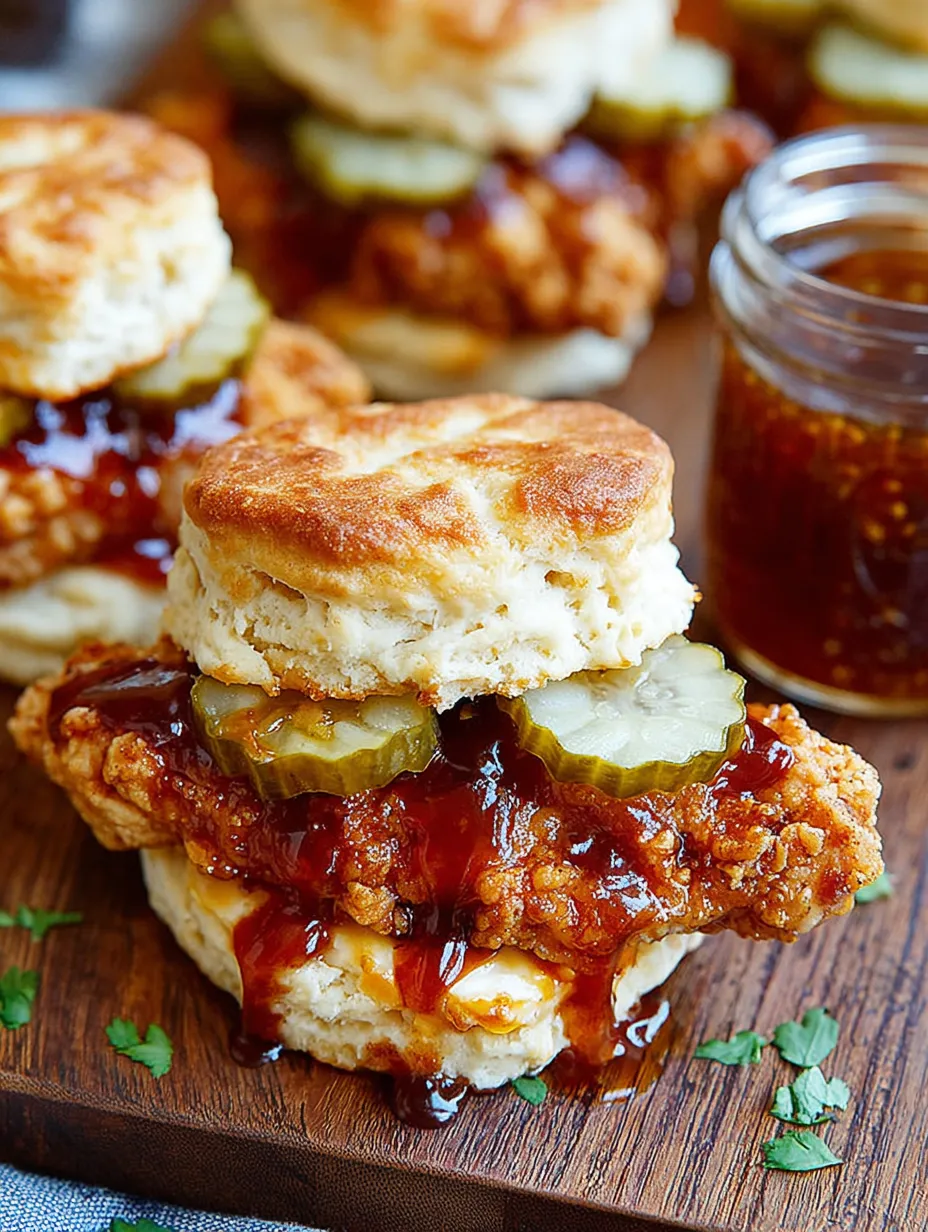 A biscuit with chicken and pickles on top.
