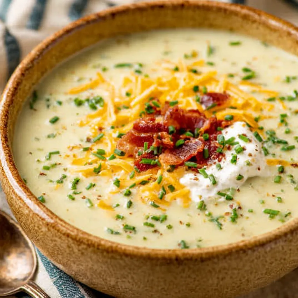 A bowl of soup with cheese and bacon on top.