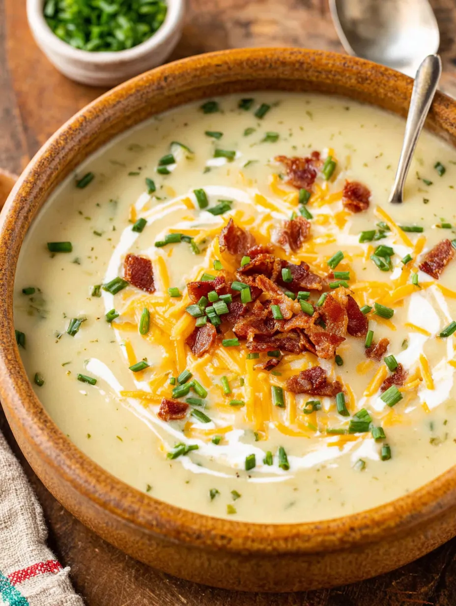 A bowl of soup with bacon and cheese.