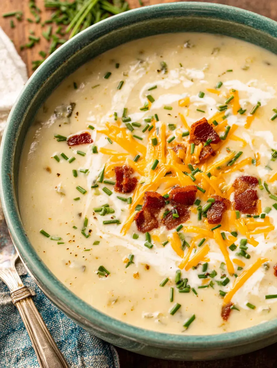 A bowl of soup with cheese and bacon.