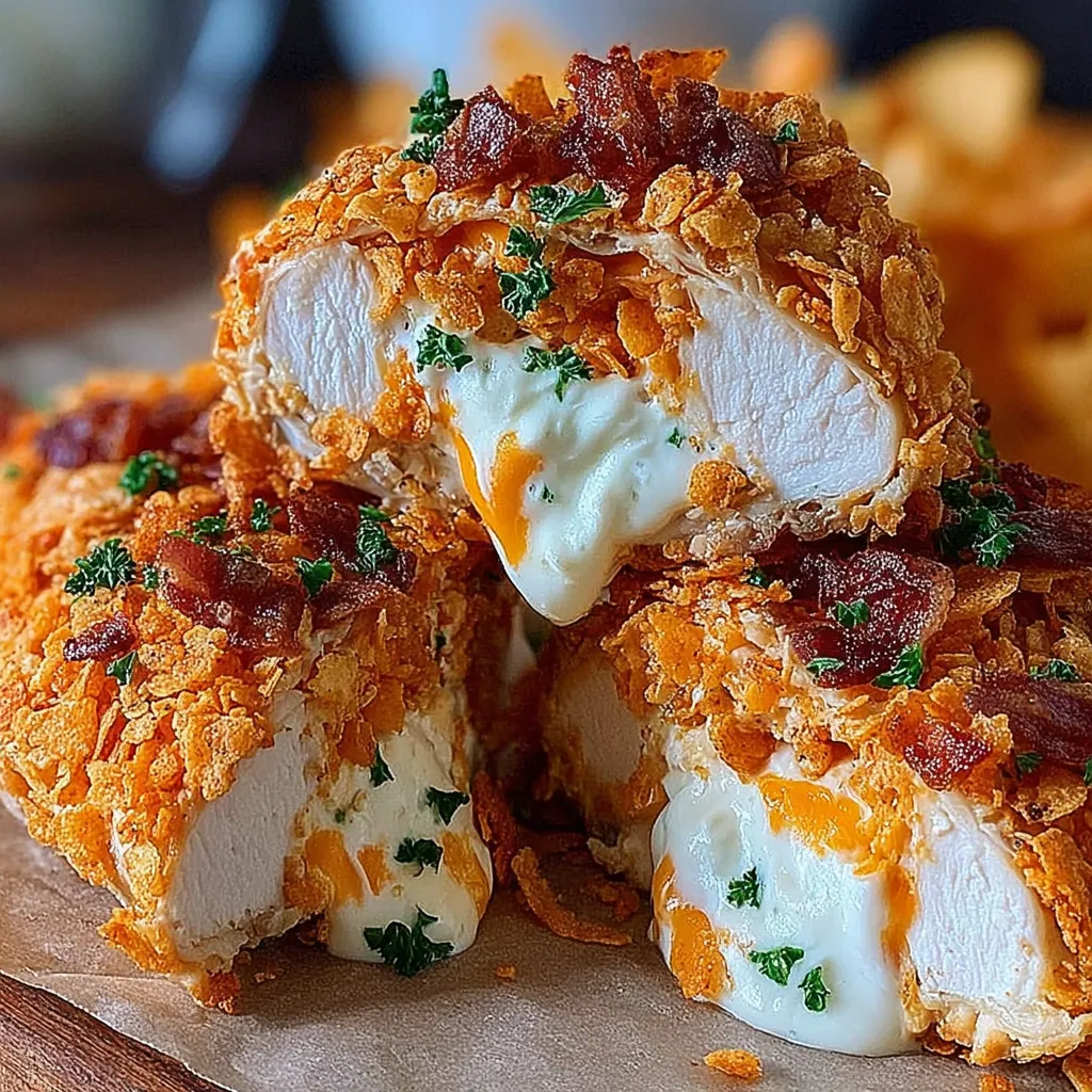 A stack of bacon and cheese stuffed chicken.