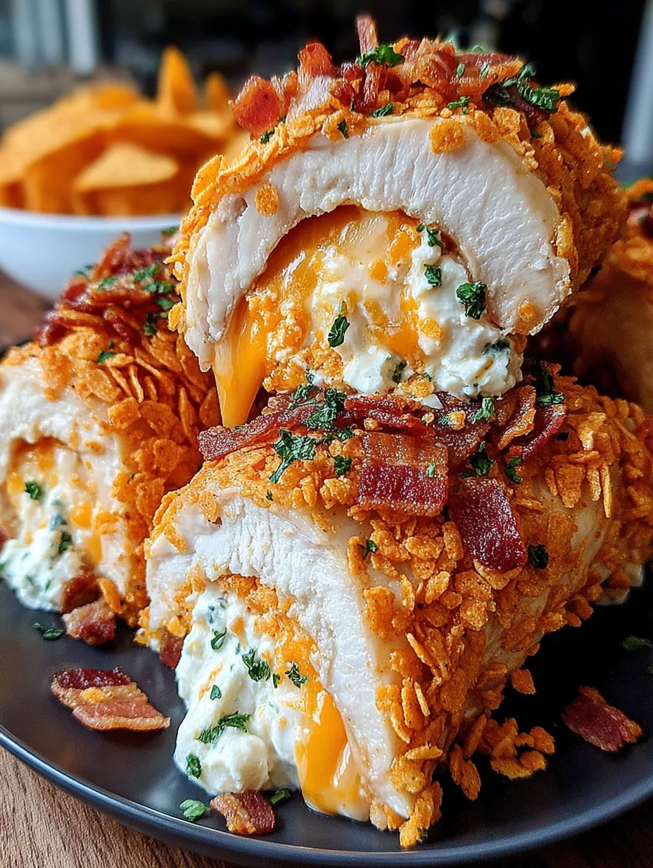 A plate of bacon wrapped chicken with cream cheese and bacon stuffed Doritos chicken.