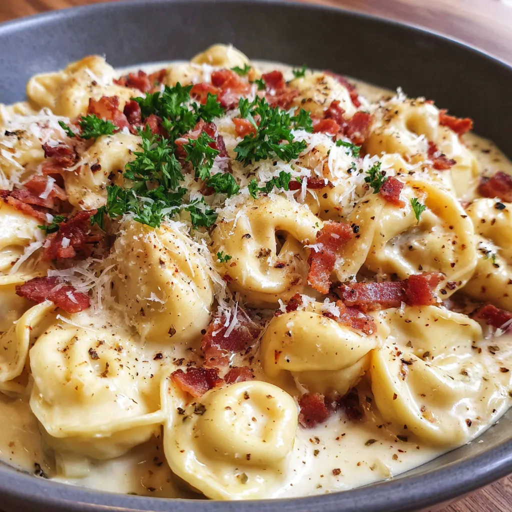 A bowl of creamy tortellini carbonara.