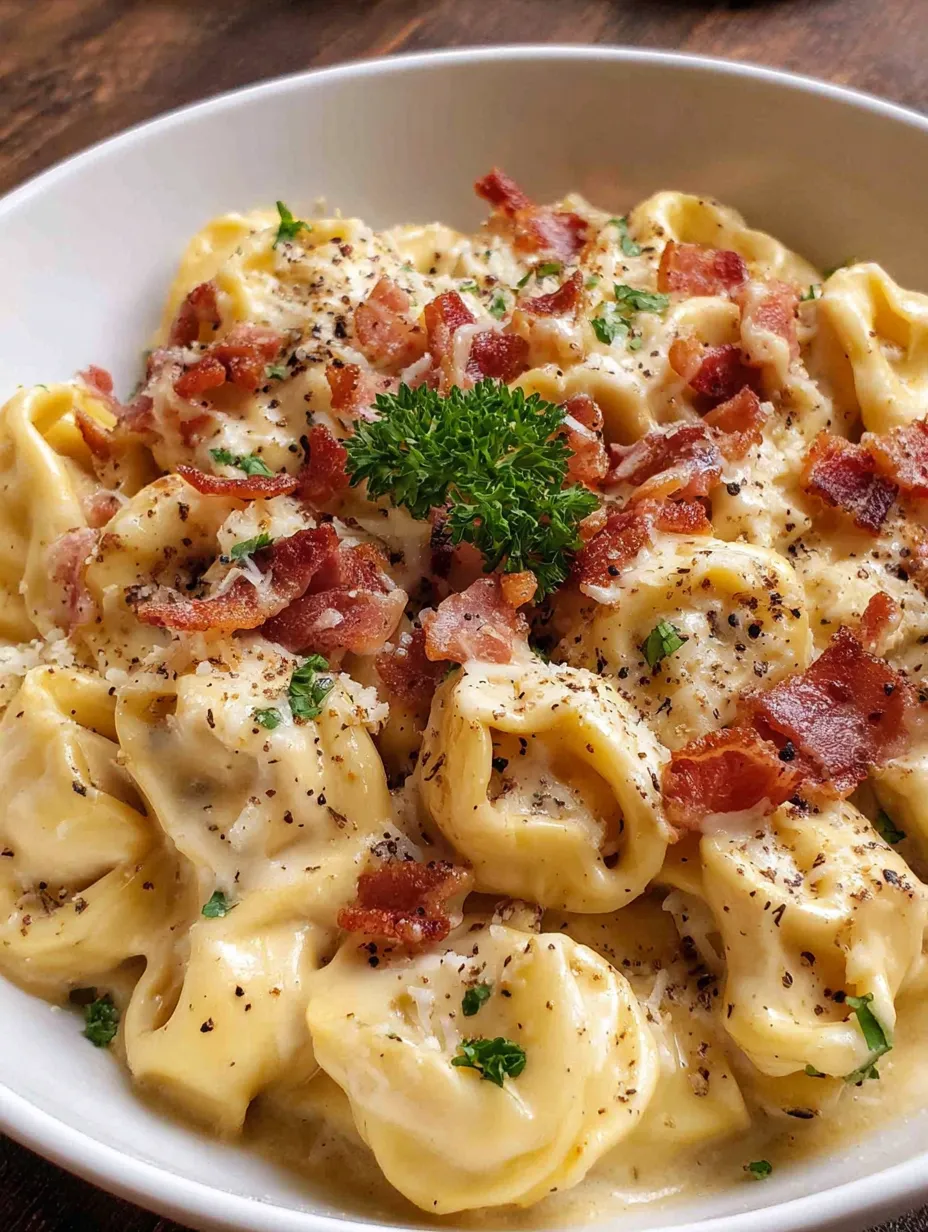 A bowl of pasta with bacon and cheese.