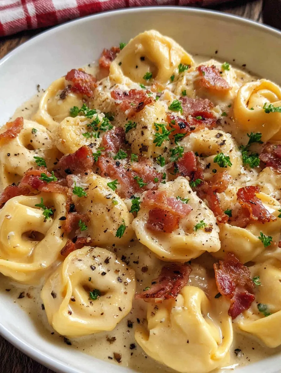 A bowl of creamy tortellini carbonara.