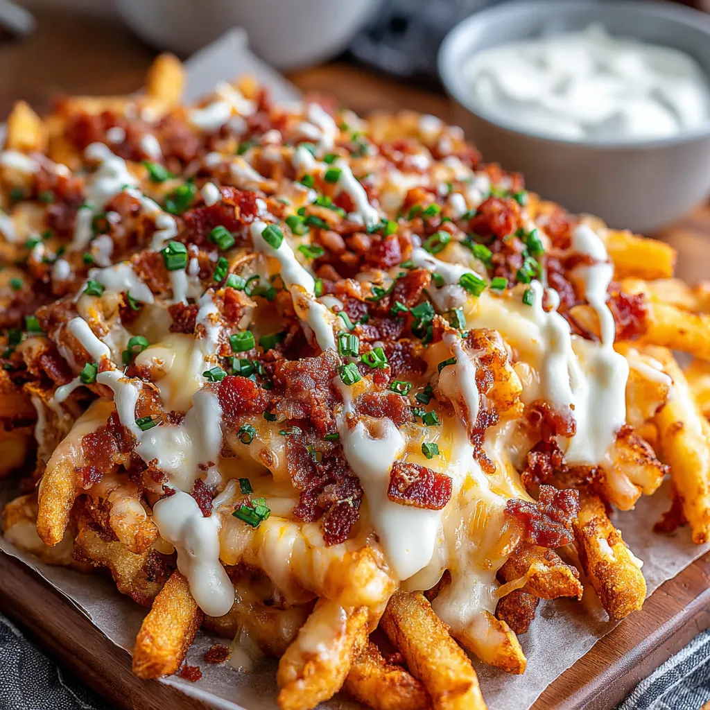 A loaded cheesy fries with bacon and cheese.