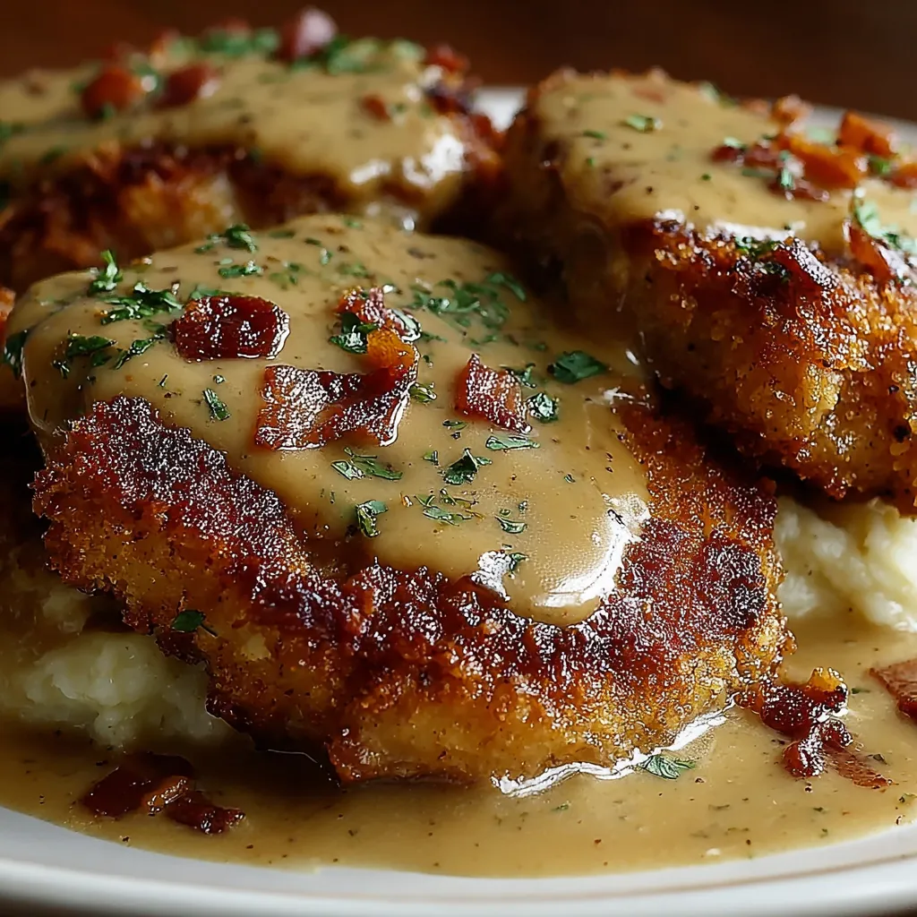 A plate of country fried pork chops with bacon gravy.