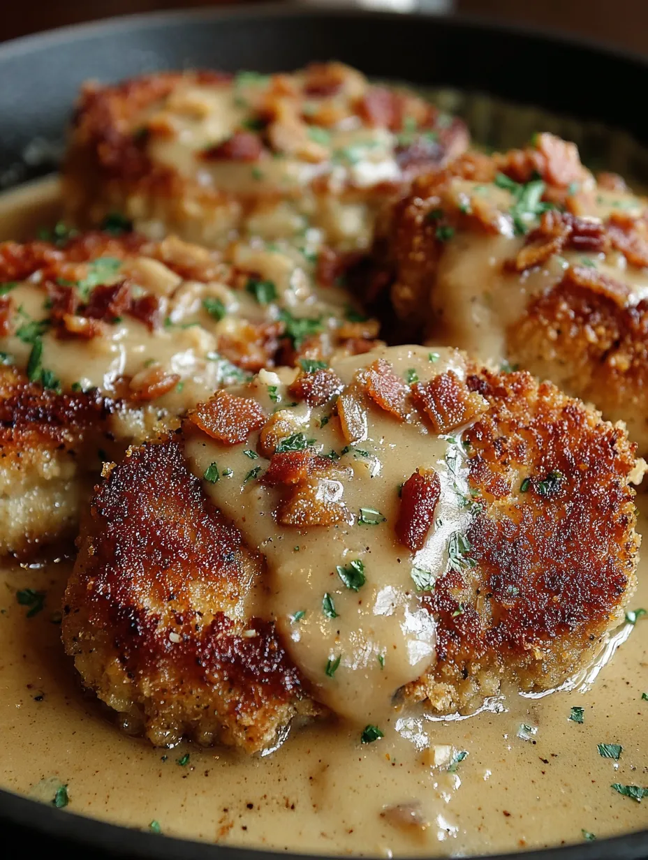 Country fried pork chops with bacon gravy.
